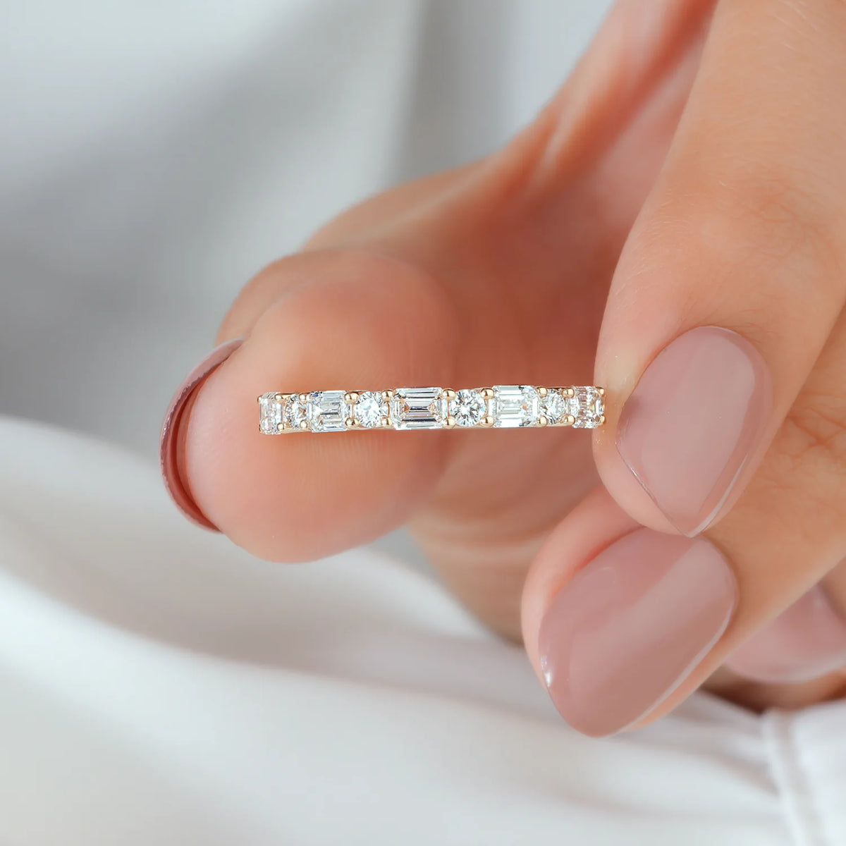 Alternating Emerald and Round Lab Grown Diamond Half-Eternity Band