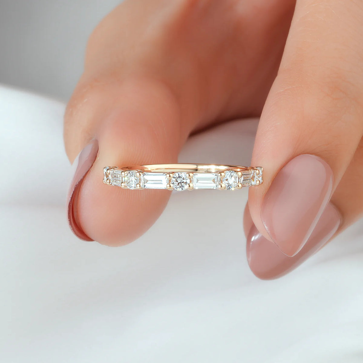 Alternating Round and Baguette Diamond Half Eternity Band