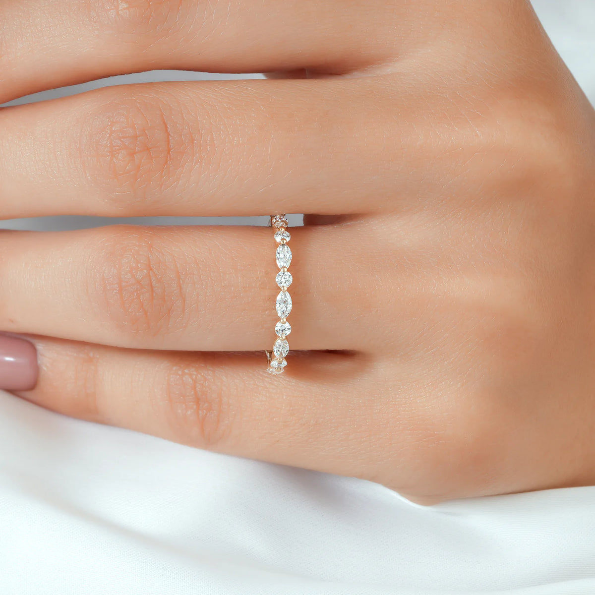 Alternating Round and Marquise Diamond Half Eternity Band