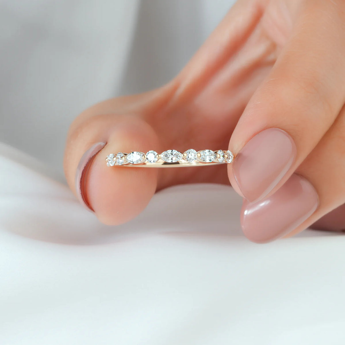 Alternating Round and Marquise Diamond Half Eternity Band