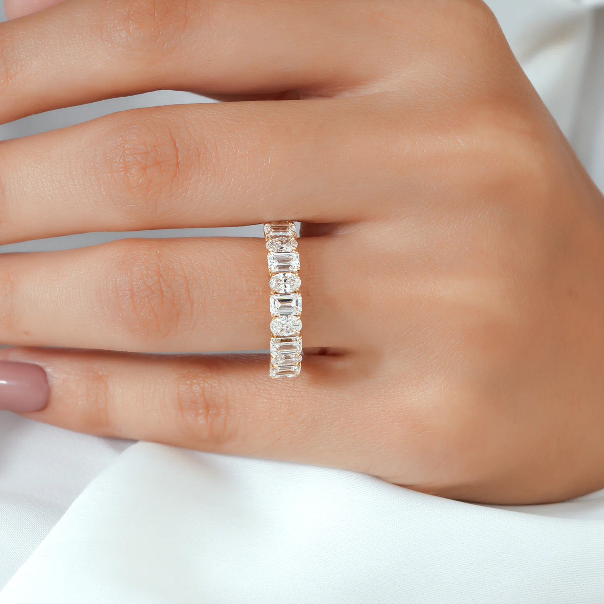 Alternating Emerald and Oval Diamond Half Eternity Band