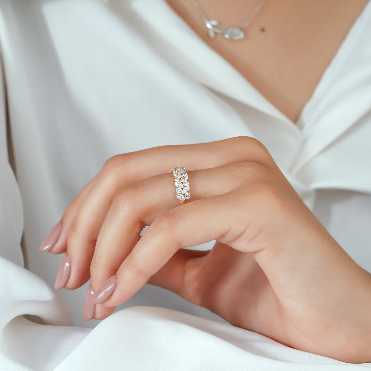 Marquise and Round Lab Grown Diamond Vine Cluster Half-Eternity Band