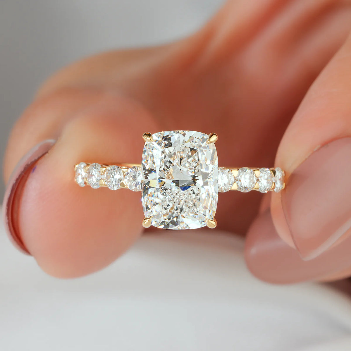 Cushion Lab Grown Diamond Hidden Halo, Round Diamond Shared Prong Ring