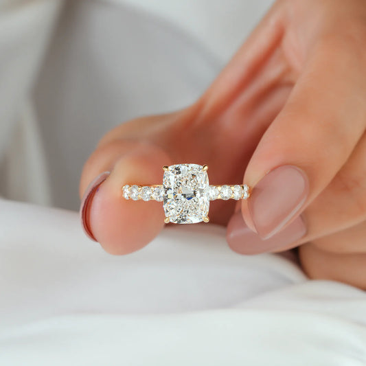Cushion Lab Grown Diamond Hidden Halo, Round Diamond Shared Prong Ring