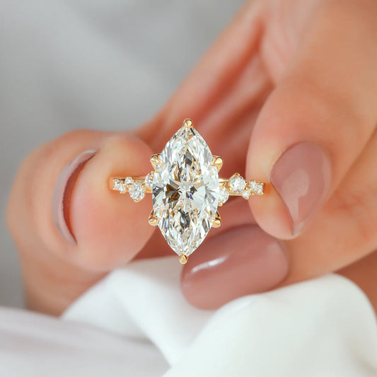 Marquise Cut Lab Grown Diamond Six Prong Engagement Ring with Scattered Side Diamonds and Hidden Halo in Gold or Platinum