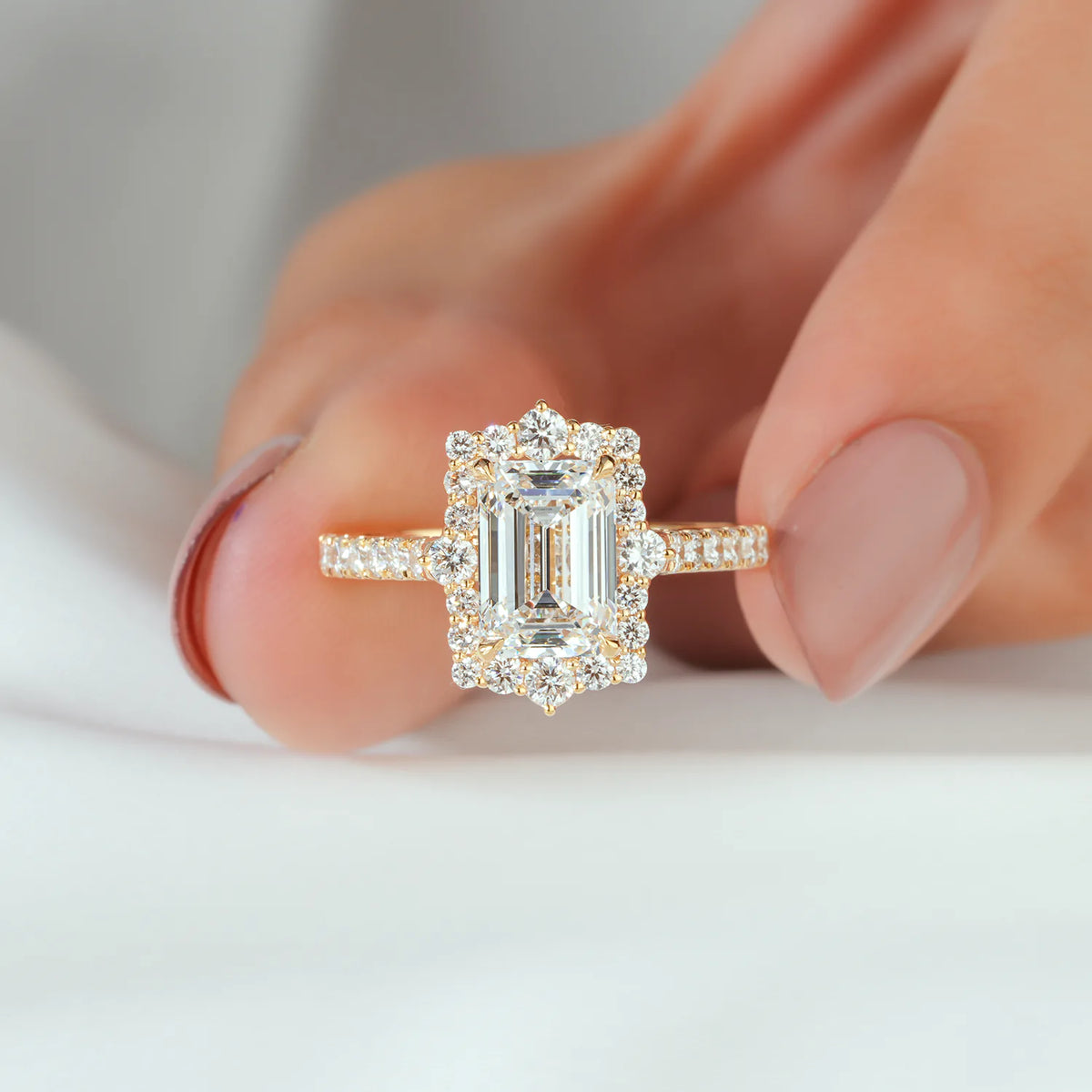 Emerald Cut Halo Split Shank Ring