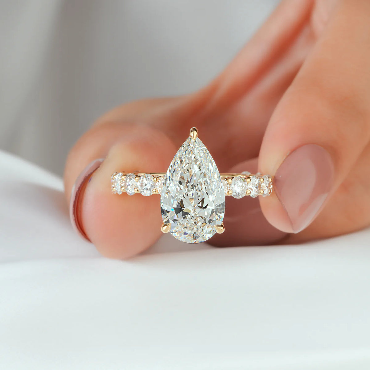Pear Shaped Lab Grown Diamond Engagement Ring with Full Eternity Shared Prong Ring
