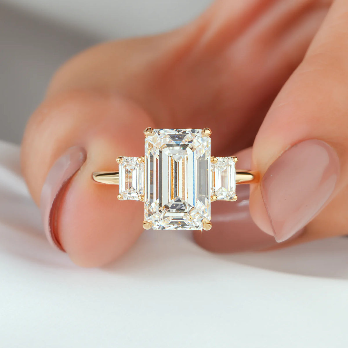 Three Stone Emerald Cut Diamond Engagement Ring
