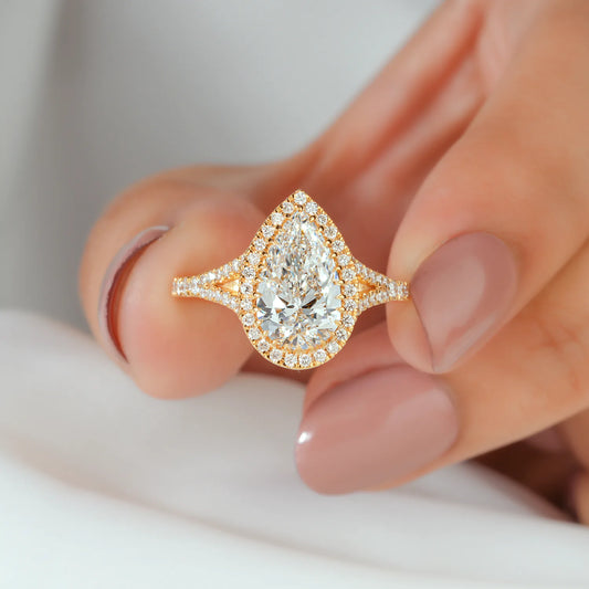 Pear Shaped Hidden Halo Lab Grown Diamond Engagement Ring with Split Shank Pave Band
