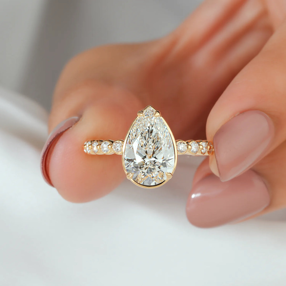 Pear Cut Lab Grown Diamond Engagement Ring with Scalloped Bubble Ring
