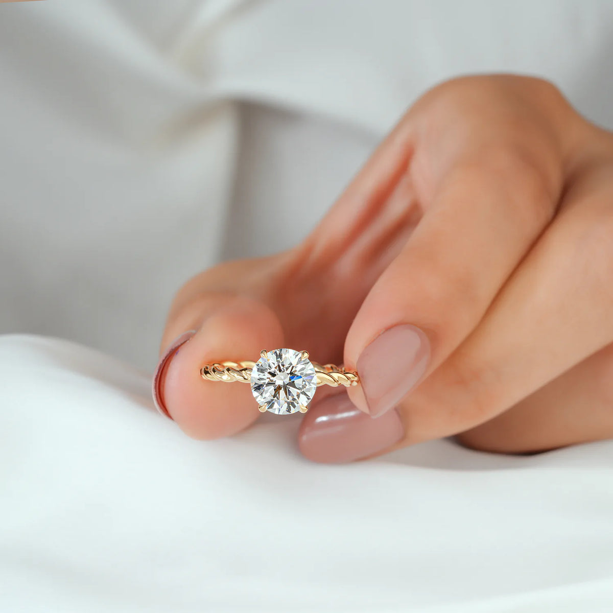 Round Lab Grown Diamond Hidden Halo, Twisted Rope Gold Ring