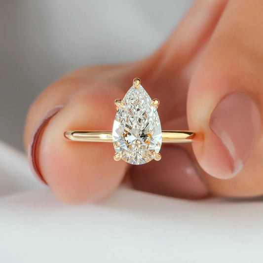 Pear Lab Grown Diamond Hidden Halo Ring, Plain Polished Ring