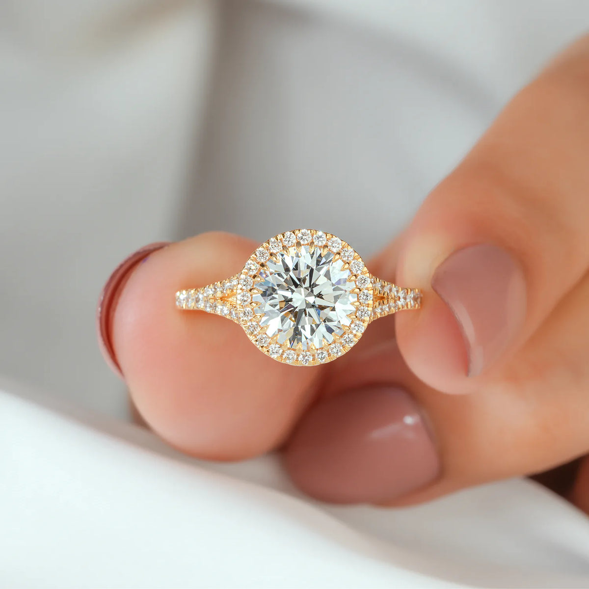 Round Halo Split Shank Lab Grown Diamond Engagement Ring