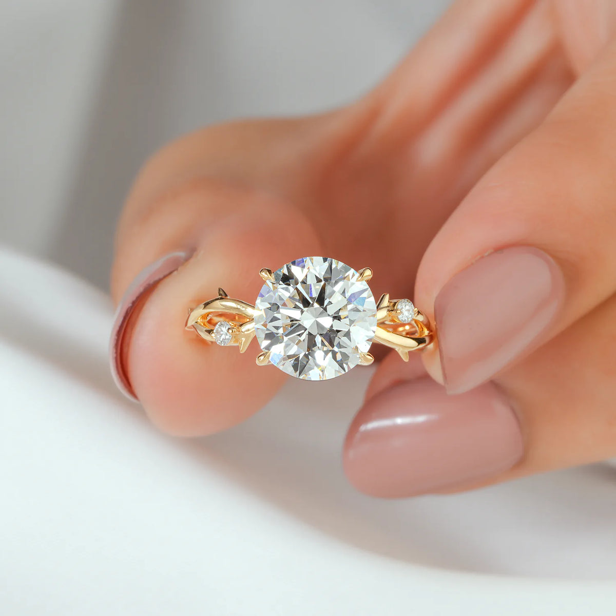Round Lab Grown Diamond Four Prong Twig Vine Engagement Ring with Thorn Detail and Accent Diamonds in Gold or Platinum