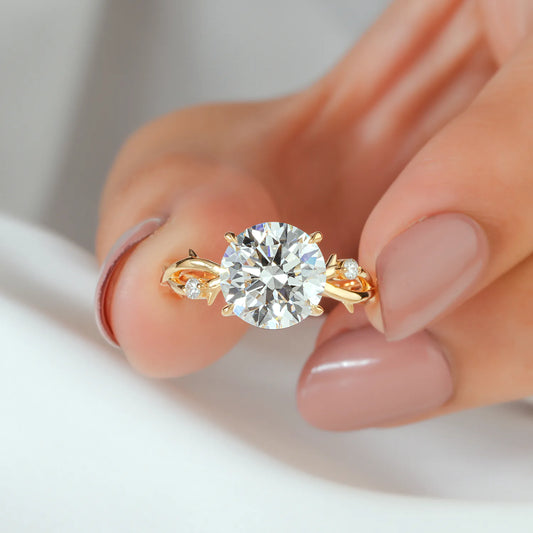 Round Lab Grown Diamond Four Prong Twig Vine Engagement Ring with Thorn Detail and Accent Diamonds in Gold or Platinum