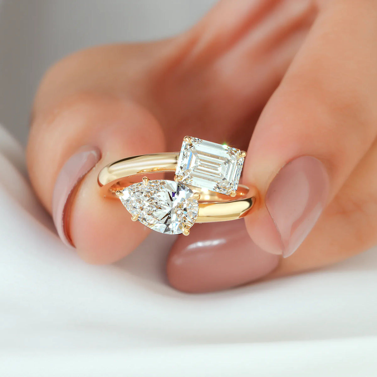 Emerald and Pear Diamond Bypass Toi et Moi Ring