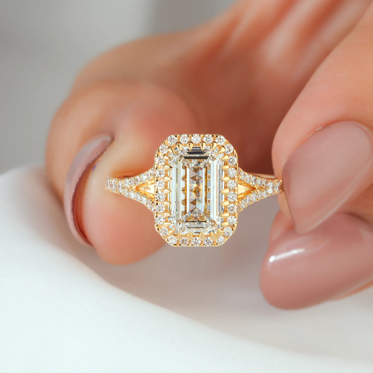 Emerald Cut Halo Split Shank Ring