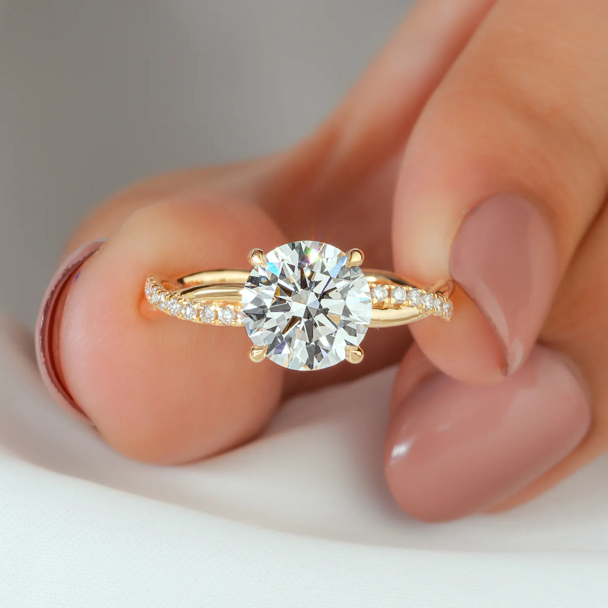 Round Lab Grown Diamond Hidden Halo, Twisted Pave Diamond Ring