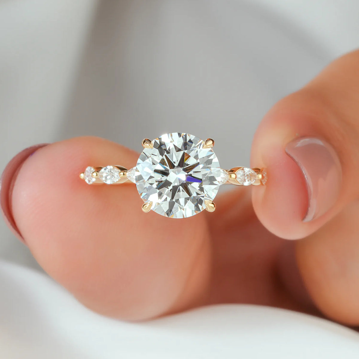 Round Lab-Grown Diamond Engagement Ring with Alternating Marquise & Round Band and Hidden Halo