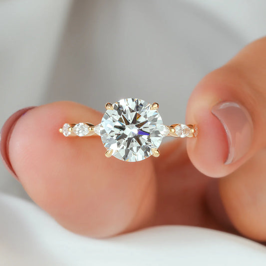 Round Lab-Grown Diamond Engagement Ring with Alternating Marquise & Round Band and Hidden Halo