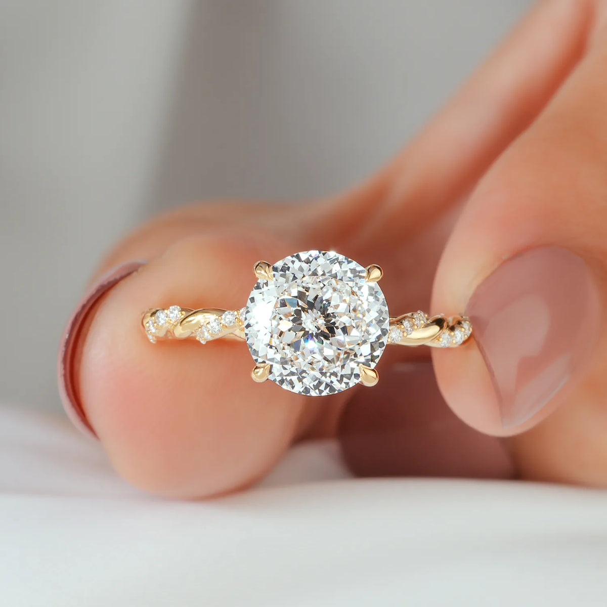 Round Lab Grown Diamond Four Prong Twisted Rope Band Engagement Ring with Diamond Accents in Gold or Platinum
