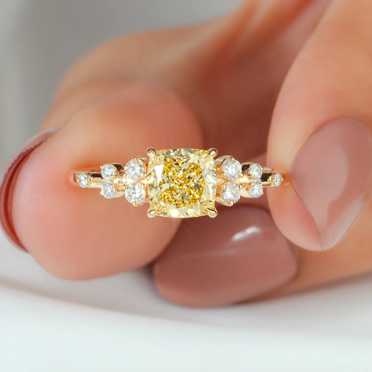Yellow Cushion Lab Grown Diamond Ring, Round Diamond Cluster Sides