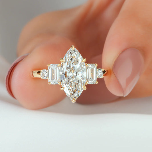 Marquise Cut Lab Grown Diamond Six Prong Five Stone Engagement Ring with Emerald Cut and Round Side Diamonds in Gold or Platinum