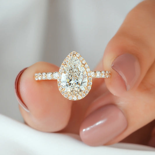Pear Lab Grown Diamond Halo Engagement Ring, Pave Diamond Ring
