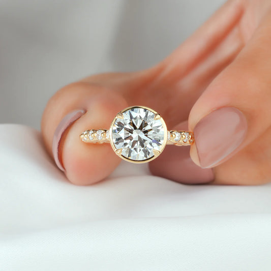 Round Lab Grown Diamond Bezel Prong Engagement Ring with Bezel Set Accent Band in Gold or Platinum