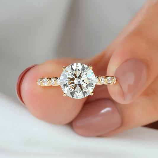 Round Lab Grown Diamond Four Prong Engagement Ring with Alternating Marquise and Round Side Diamonds and Hidden Halo in Gold or Platinum