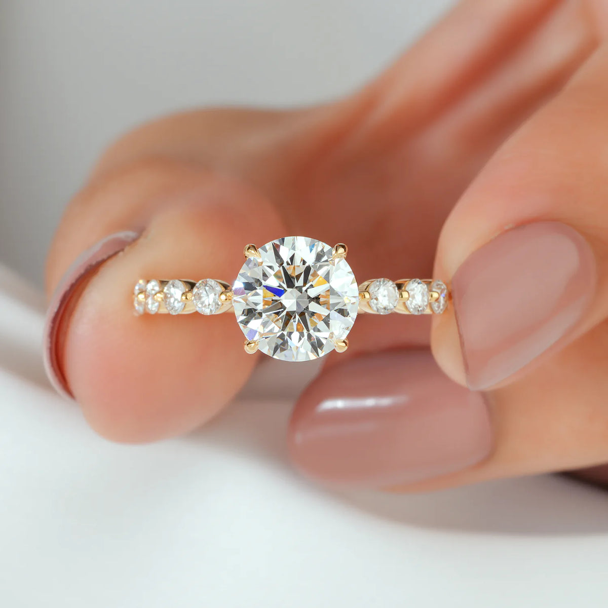Round Lab Grown Diamond Hidden Halo, Round Diamond Shared Prong Ring
