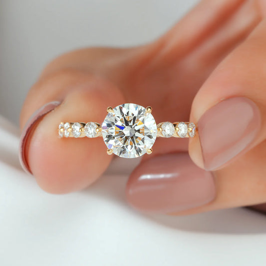 Round Lab Grown Diamond Hidden Halo, Round Diamond Shared Prong Ring