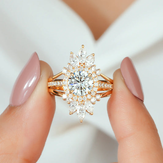 Round Lab Grown Diamond Halo Ring, Marquise Crown Guard Set