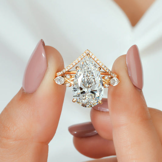 Pear Lab Grown Diamond Bridal Set, Cluster Sides, Chevron Ring