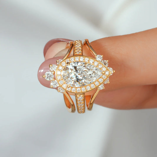 Pear Halo Lab Grown Diamond 3-Piece Bridal Set - Crown Accent