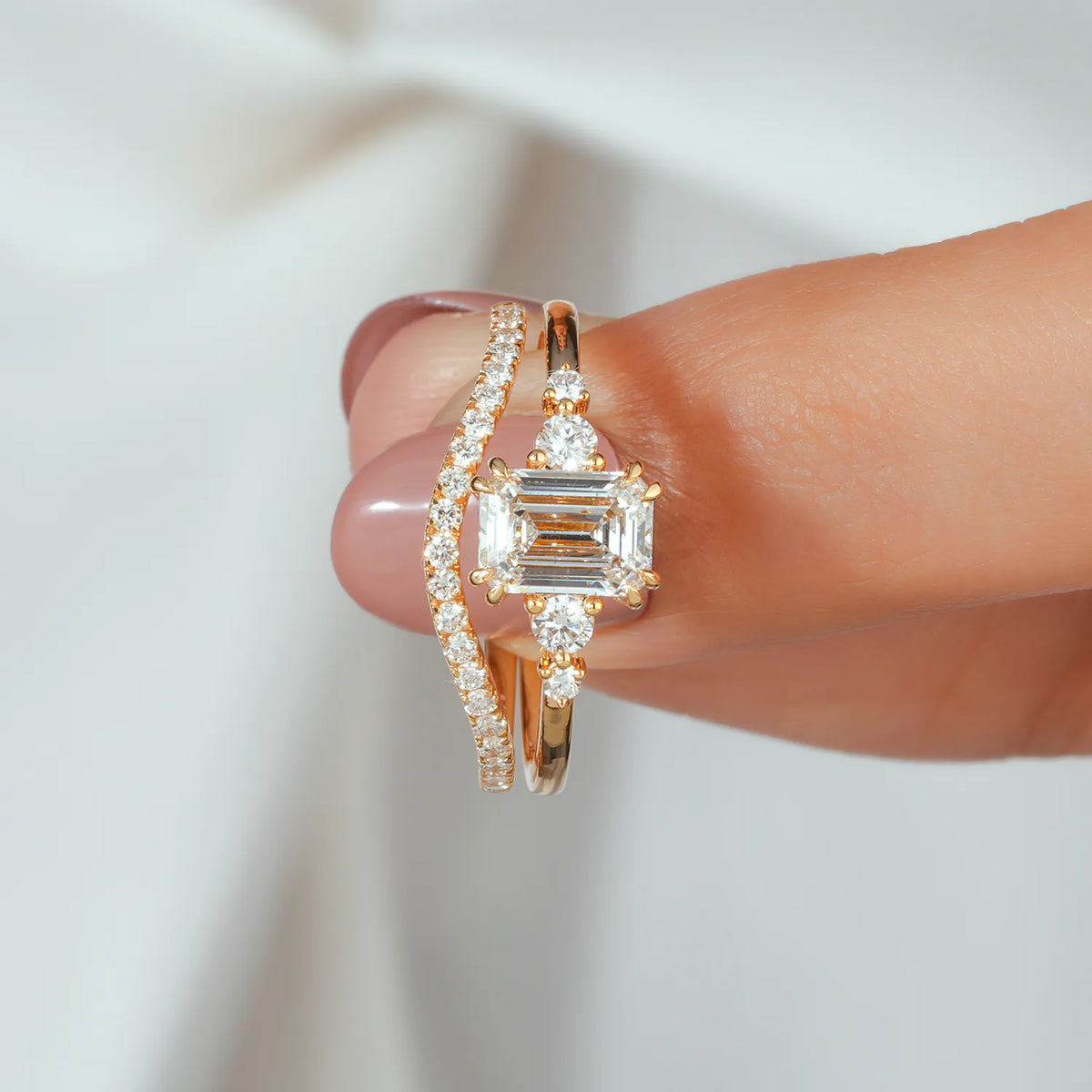 Emerald Cut Diamond Bridal Set with Curved Wedding Band