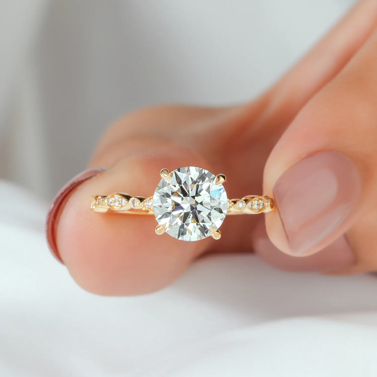 Round Lab Grown Diamond Four Prong Vintage Engagement Ring with Milgrain Marquise and Round Accent Band in Gold or Platinum
