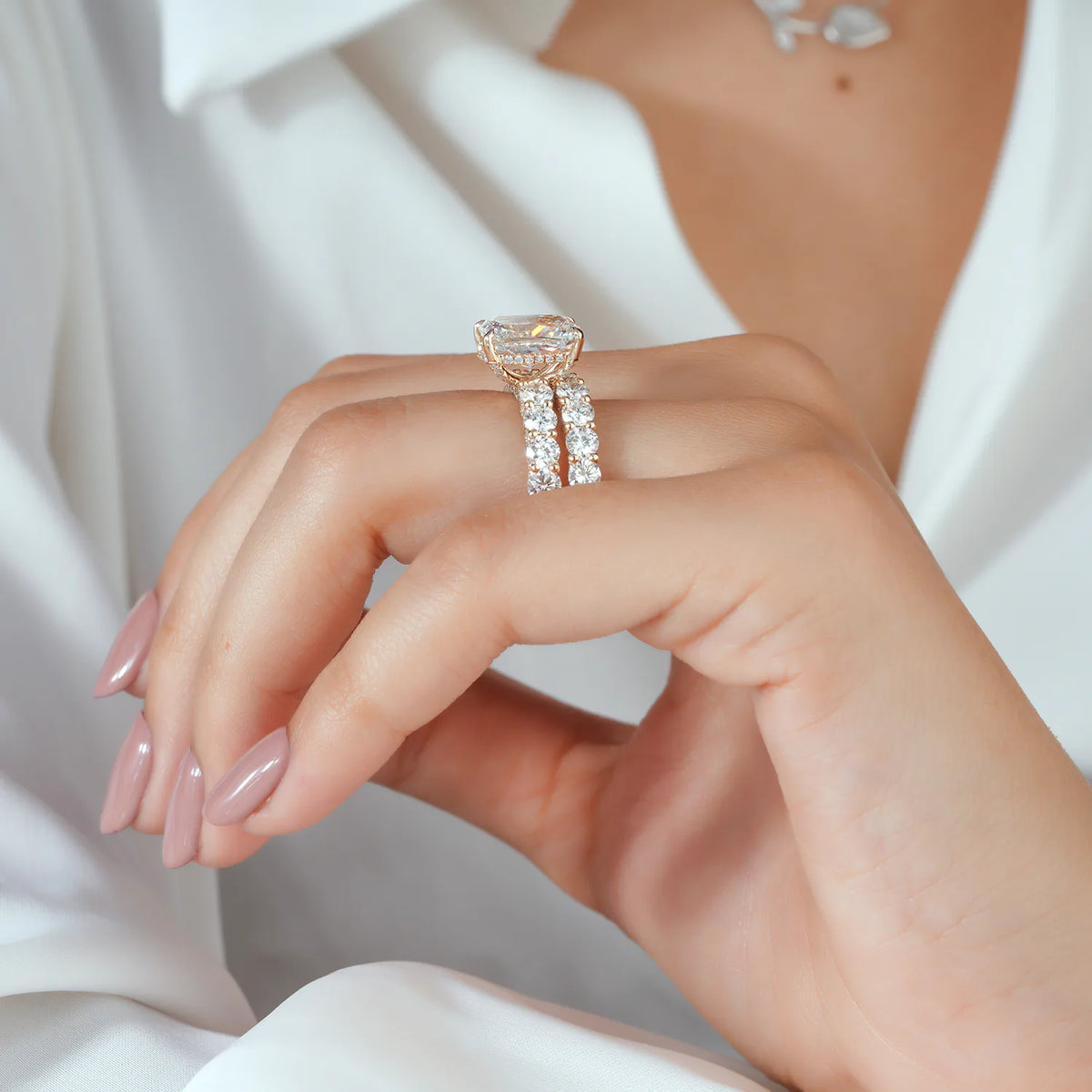 Cushion Lab Grown Diamond Bridal Set, Bold Pave Diamond Bands