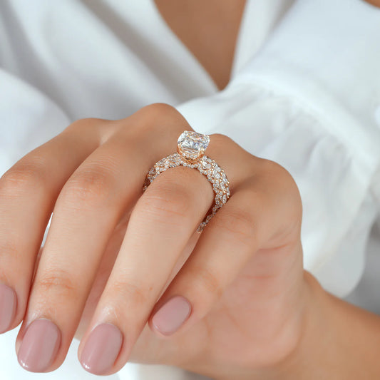 Cushion Lab Grown Diamond Bridal Set, Bold Pave Diamond Bands