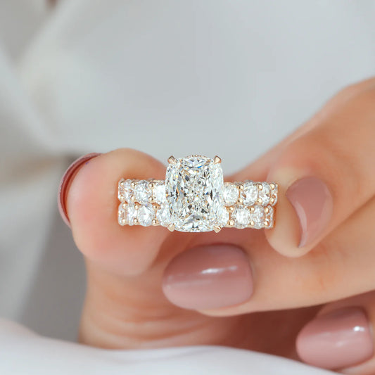 Cushion Lab Grown Diamond Bridal Set, Bold Pave Diamond Bands