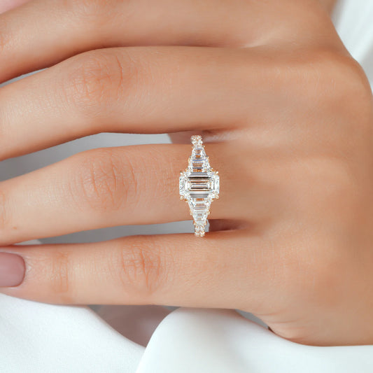 Three Stone Emerald Cut Trapezoid Ring