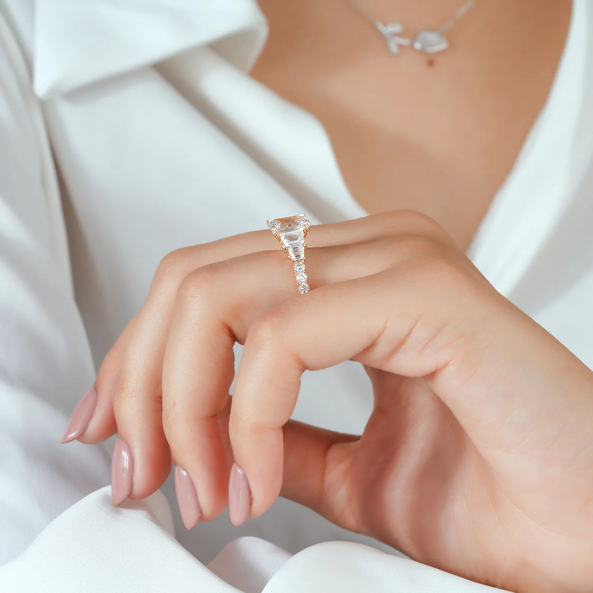Three Stone Emerald Cut Trapezoid Ring