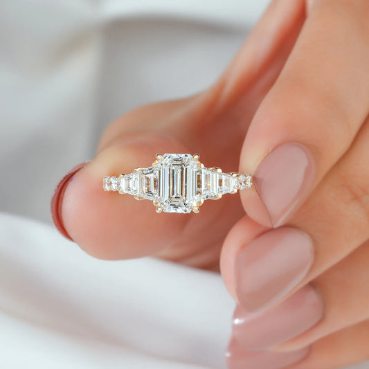 Three Stone Emerald Cut Trapezoid Ring