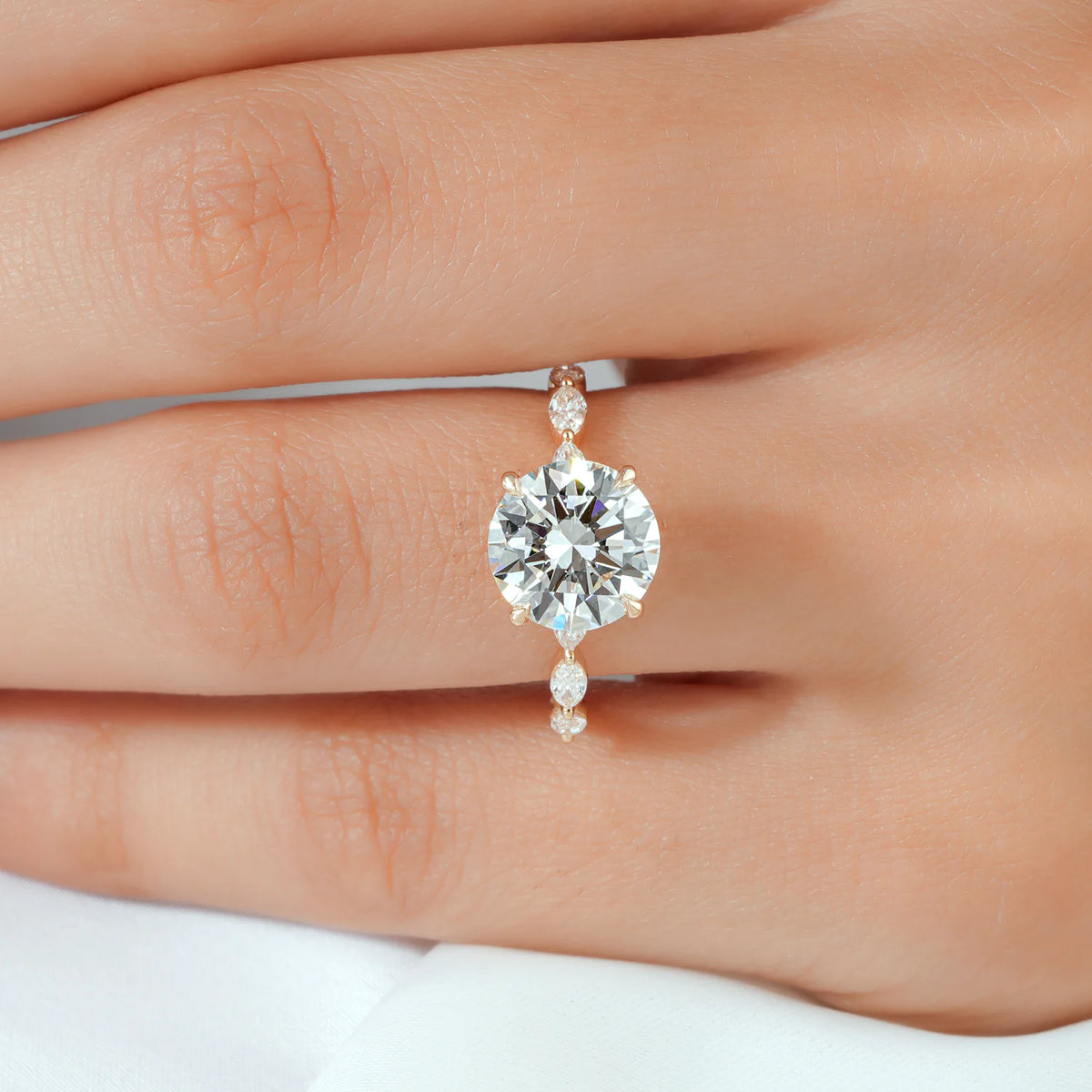 Round Lab-Grown Diamond Engagement Ring with Marquise Diamond Band and Hidden Halo