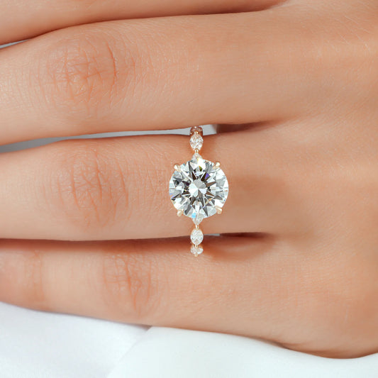 Round Lab-Grown Diamond Engagement Ring with Marquise Diamond Band and Hidden Halo
