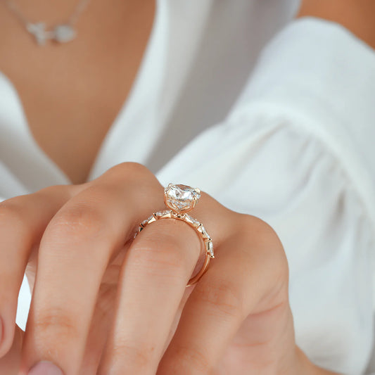Round Lab-Grown Diamond Engagement Ring with Marquise Diamond Band and Hidden Halo