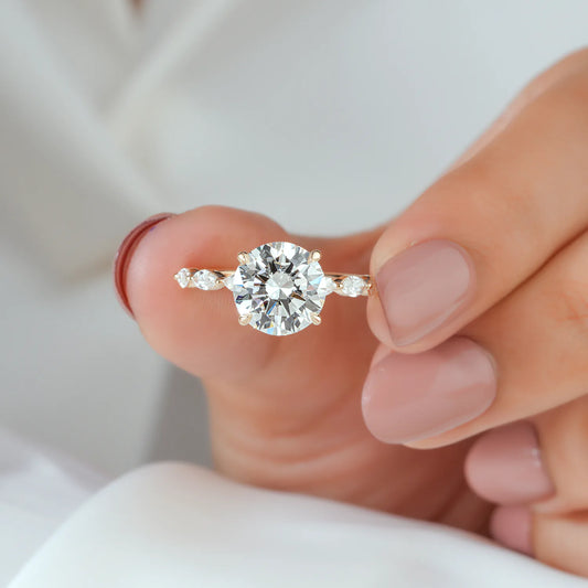 Round Lab-Grown Diamond Engagement Ring with Marquise Diamond Band and Hidden Halo