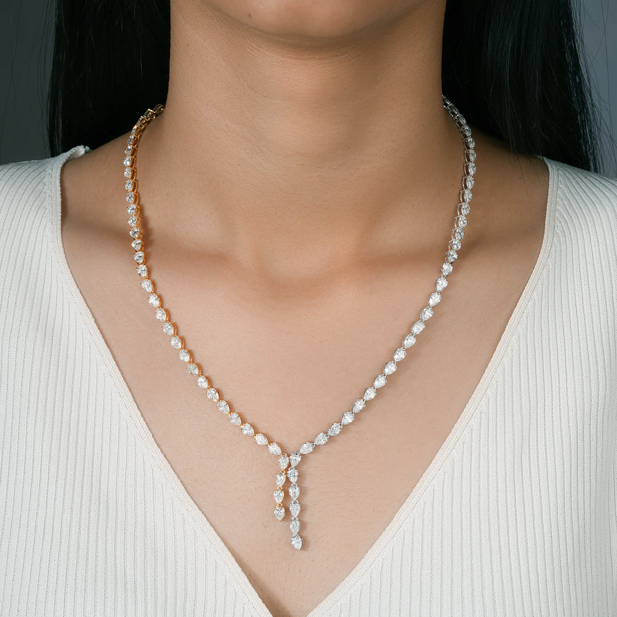 Two Tone Pear Diamond Y Necklace
