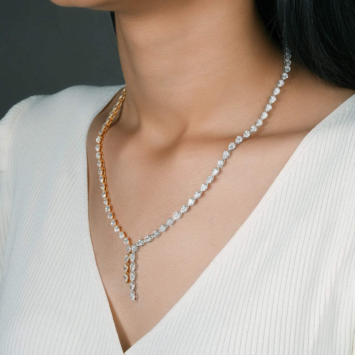 Two Tone Pear Diamond Y Necklace