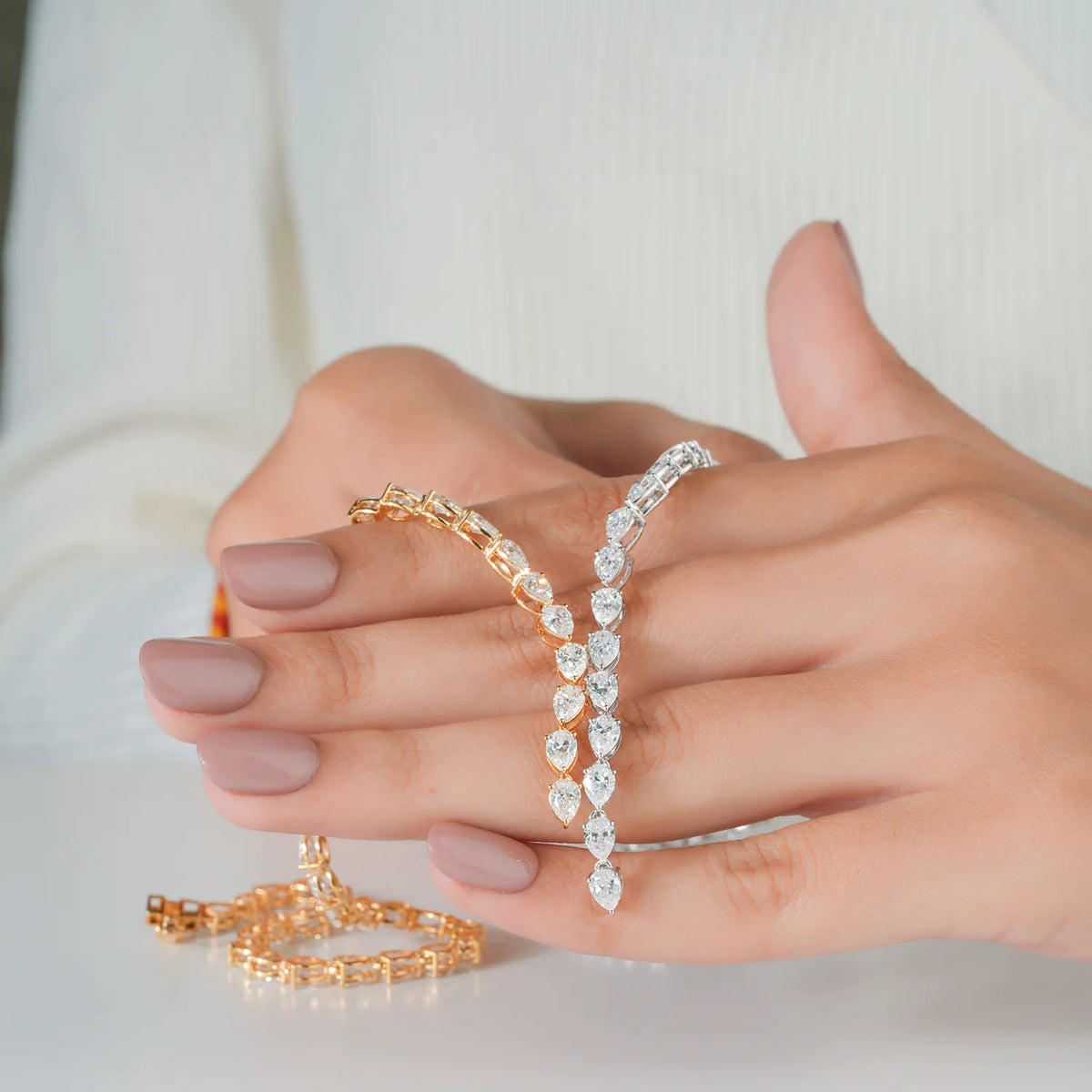 Two Tone Pear Diamond Y Necklace